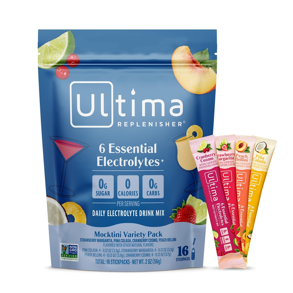 Ultima Replenisher Daily Electrolyte Powder Drink Mix - Sugar Free - Mocktini Variety, 16 Stickpacks - Hydratační balíčky s 6 klíčovými elektrolyty a stopovými minerály - Keto Friendly, Non- GMO