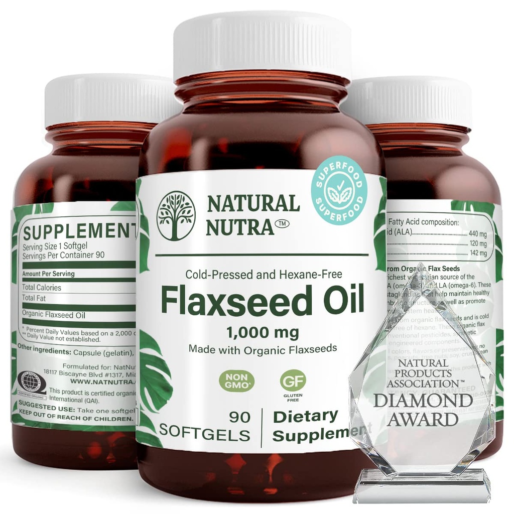 Natural Nutra Organic Flaxseed Oil Softgels, Promotes Hairs Growth, Nápověda v hubnutí, Pomáhá zvýšit imunitní systém, Podporuje zdravý nervový systém a růst vlasů, Omega 3 6 9, 1000 mg, 90 Softgels
