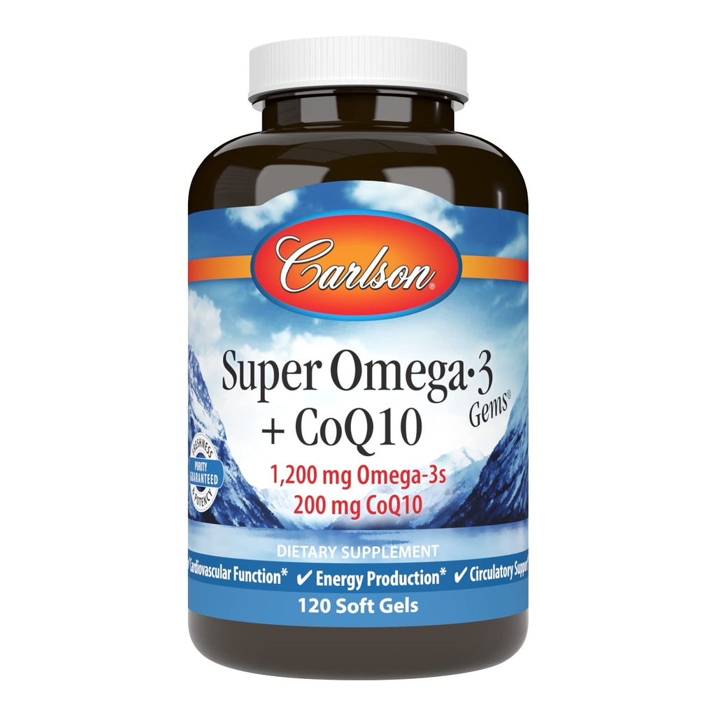 Carlson - Super Omega33 Gems + CoQ10, 1200 mg Omega-3s 200 mg CoQ10, Cirkulační funkce, Energy Production & Circulatory Support, 120 Softgels