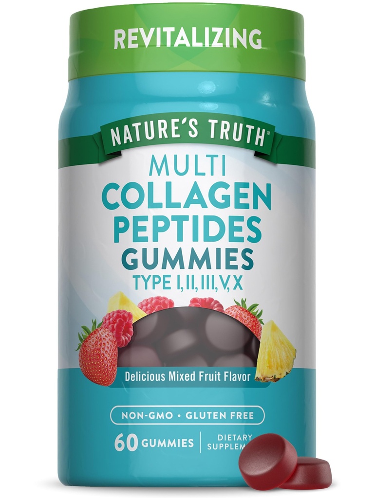Nature 's Truth Multi Collagen Gummies IR 124; Typ I, II, III, V, X IR 124; 60 Count IR 124; Non-GMO & gluten Free Complex Supplement IR 124; Smíšené ovocné aroma