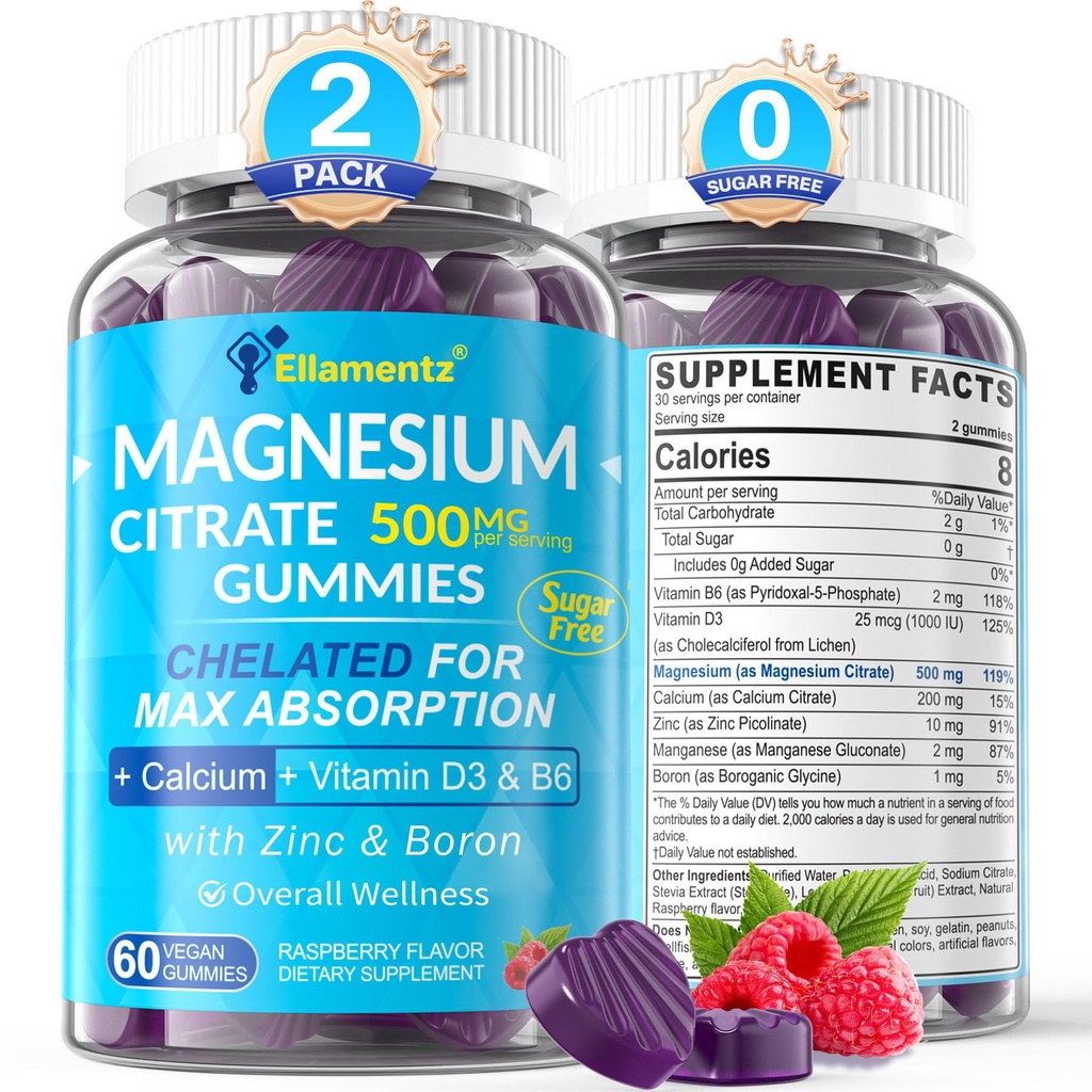 Magnesium Citrát Gummies 500 mg pro ženy Muži Cukr zdarma, Magnesium Citrát pro zácpu 124; Chelated Magnesium Gummies with B6 for Mood, klid Gummium 124; vápník hořčík zinek D3 dodatek pro kosti a svalovina