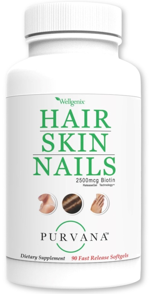 Wellgenix Purvana Vlasy, kůže a nehty - Jeden den Softgel - 2500mcg Biotin, DMAE, MSM, Koňský ocas, Grape Seed Extract - Anti Aging, PCOS & Postpartum růst vlasů, silné nehty (90 Počet)