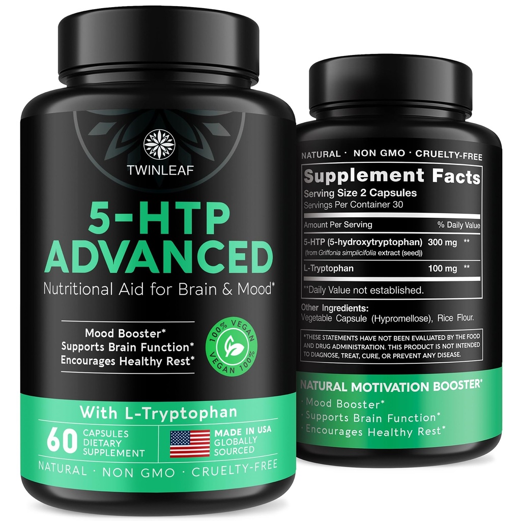 TWINLEAF 5 HTP dodatek pro podporu nálad - Vyrobeno v USA - Přírodní 5-HTP & L-tryptofan Kapsle - 5-HTP Booster pro muže a ženy - Proprietární vzorec pro nálady a relaxaci - 60 Vegan Kapsle