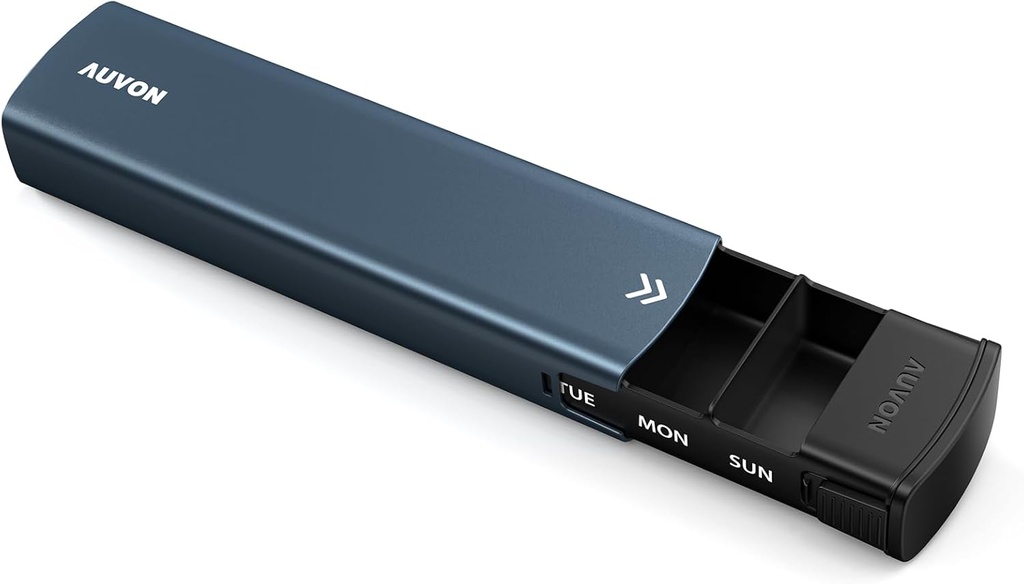 AUTON Metal Weekly Pill Organizátor s Slide Design, Stylový Travel Pill Box 7 Day for Privacy Protection, Aluminium Alloy Pill Pouzdro s velkým složením pro doplňky, Fish Oil (Dark Blue)
