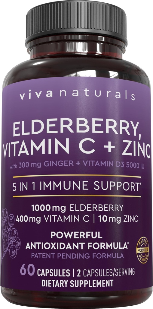 Viva Naturals Black Elderberry s vitamínem C a zinkem pro dospělé (60 hrabě) - Sambucus Elderberry Imunitary Supplement, Černé Elderberry Kapsle pro dospělé, Elderberry doplňky pro ženy