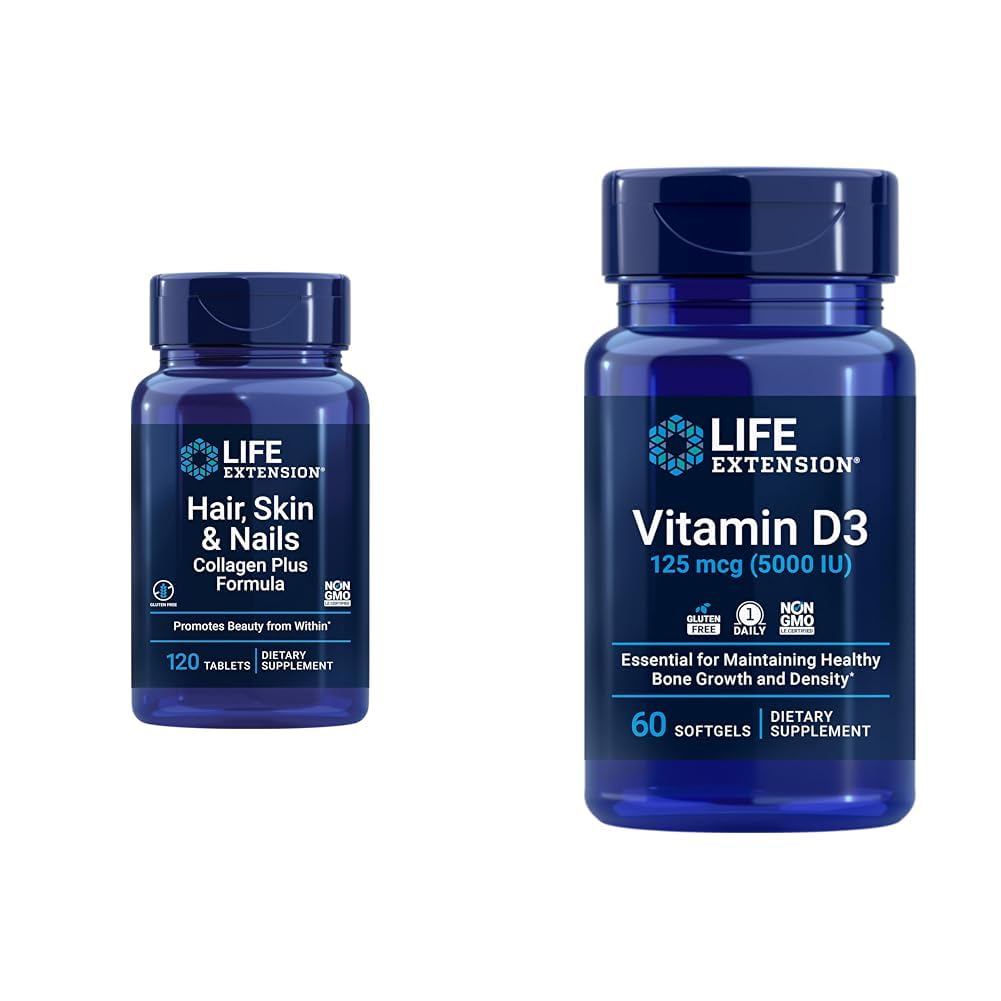Life Extension Hair, Skin & Nails Collagen Plus Formule s vitaminem D3 5000 IU - Promotes Collagen, Keratin, Bone, Brain, Imunity & Nail Health - 120 Počet & 60 Softgels