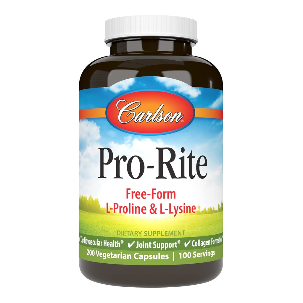 Carlson - Pro- Rite, Free- Form L-Proline & L-Lysin, Health, Joint Support & Collagen Formation, 200 Kapsle