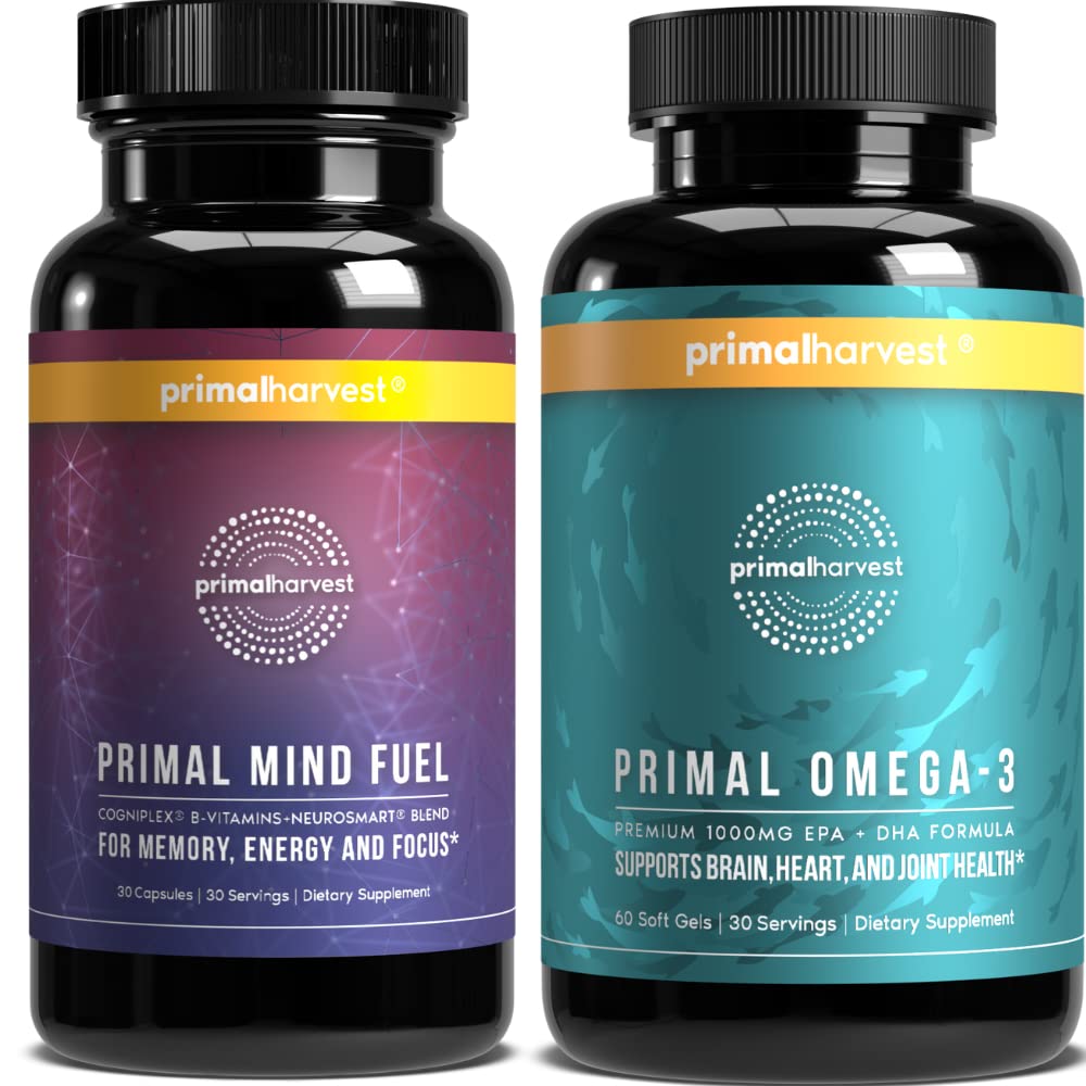 Primal Harvest mysl palivo & Omega 3 doplňky pro ženy a muže Rybí olejové kapsle a mysl palivo mozek booster pilulky Bundle