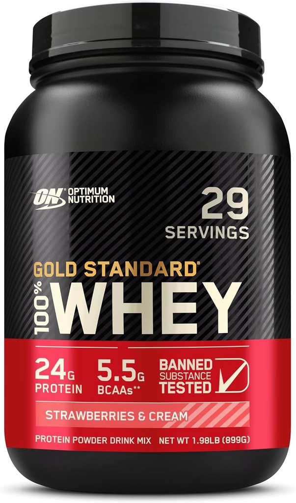 Optimum Nutrition Gold Standard 100% syrovátkový protein prášek, jahody & krém, 2 libry (Balení květen Vary)