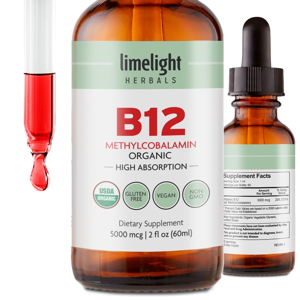 USDA Organic Vitamin B12 Liquid Drops - 5000 mcg Methylkobalamin - Sublingvální, Fast- Absorbing Vegan dodatek - Energie, metabolismus, Mozek, Srdce a imunitní podpora - Alkoholicko-Free, 60 Servings, USA Made