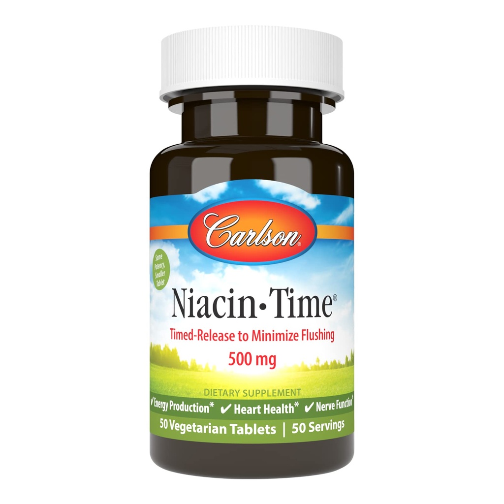 Carlson - Niacin- Time, Time- Release, 500 mg, Vitamin B- 3, Metabolismus cholesterolu, Výroba energie, Zdraví srdce, 50 tablet
