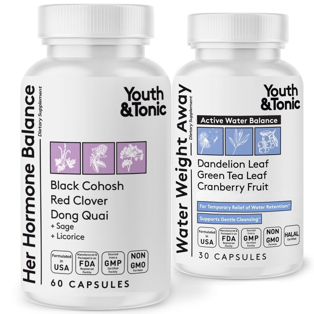 Mládež & Tonic PMS & Menopauza Bloating Relief Duo - Podpora Pufness, Hormonální rovnováha a zadržování tekutin - Její Hormon Balance + vodní váha pryč přírodní Byliny pro ženy, 90 Kapsle
