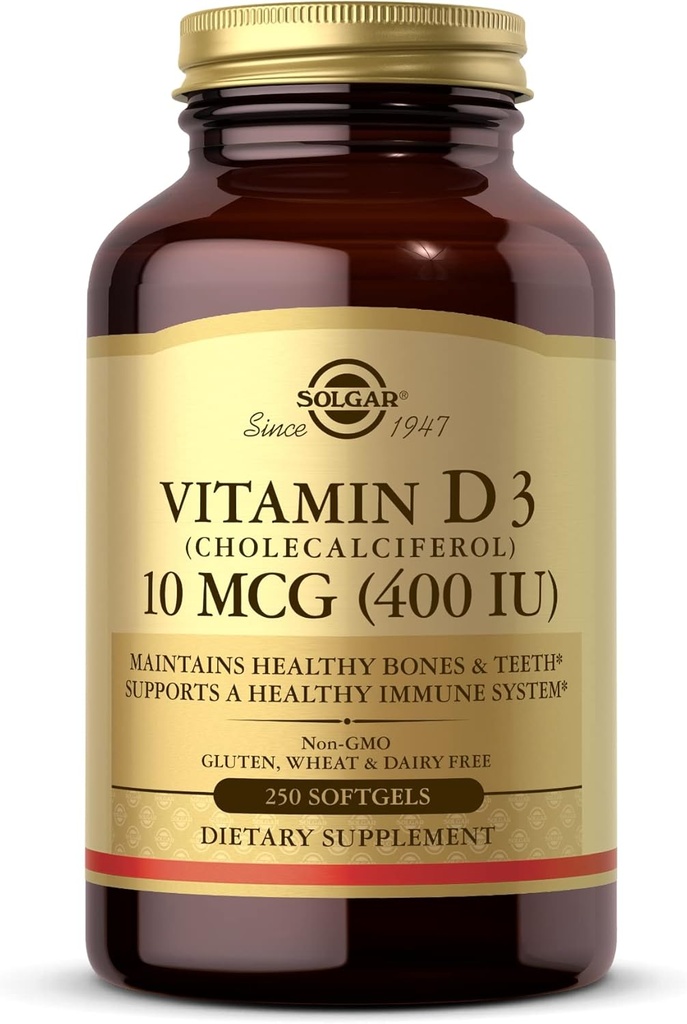 Solgar Vitamin D3 (Cholekalciferol) 10 MCG (400 IU), 250 Softgels - Pomáhá udržovat zdravé kosti a zuby - Podpora imunitního systému - Non- GMO, Gluten zdarma, mléčné zdarma - 250 Služeb