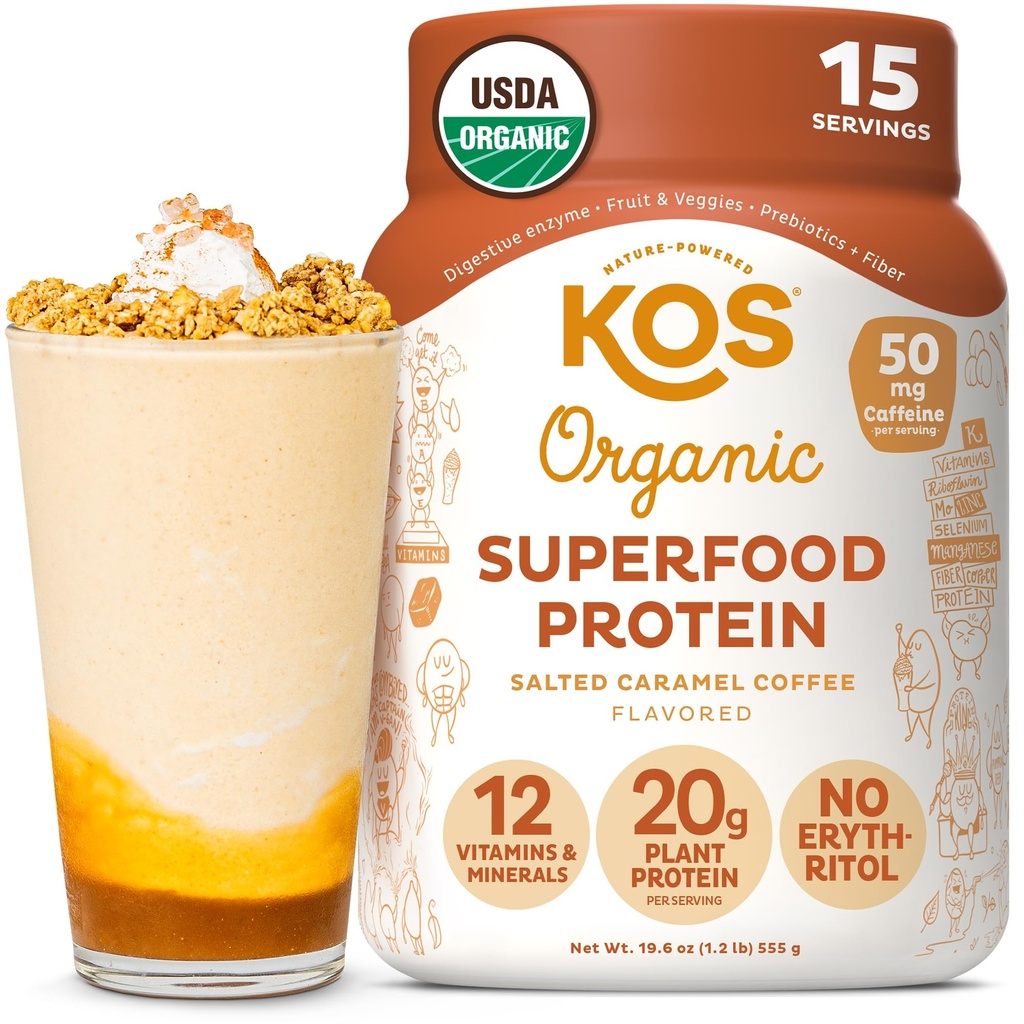 Kos Vegan Protein Powder, Slaný karamel Káva - Nízký karb Pea Protein Blend, Organic Plant Superfood Bohatí ve Vitamíny & Minerály - Keto, Dairy Free - Jídelní náhrady pro ženy & Muži - 15 Služebnictví