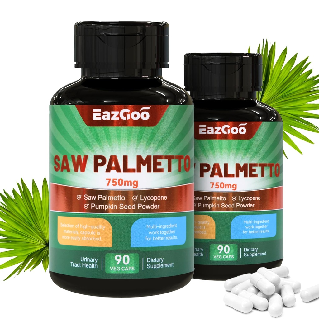 Saw Palmetto dodatek, Saw Palmetto Extract 750mg, s Lycopene, Dýňová semena prášek, pro muže a ženy, Non- GMO & Gluten, Vegan, 90 Count Kapsle Balení 2