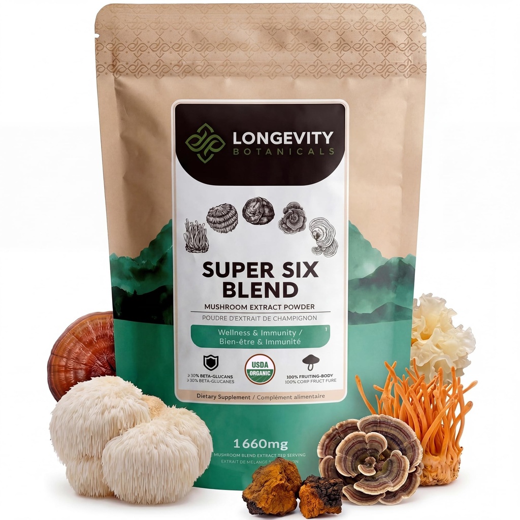 Dlouhověkost Botanikálie Super Six Organic Houbová směs 100g Blend 124; Reishi, Lion 's Mane, Chaga, Cordyceps, Tremella & Turkey Tail Orel 124; Extract Powder Mix 124; 10: 1 Poměr Blend 124; 100% Plodící subjekty 124; Houbový komplex