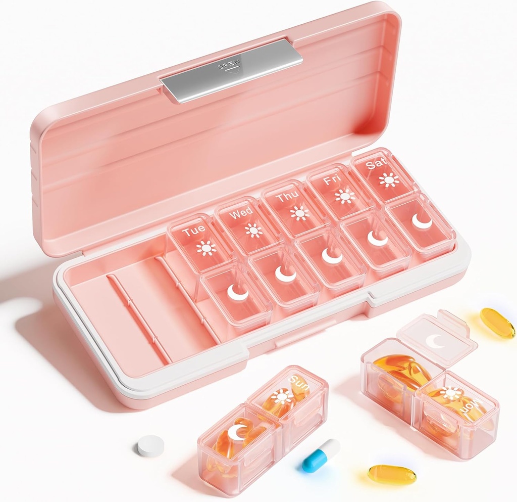 Betife AM PM Pill Organizátor 2 Times A Day, 7 Day Pill Box Týdenní Pill Organizátor Cestování s odděleným kontejnerem, Přenosný denní medicína Planner Dipenser Pouzdro pro vitamíny, rybí oleje, doplňky