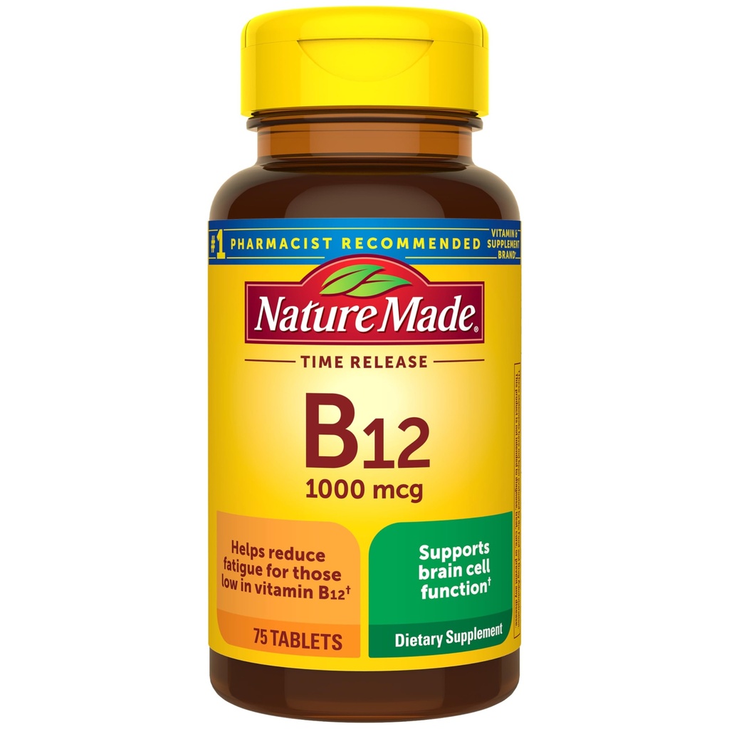 Nature Made Vitamin B12 1000 mcg, Dietní dodatek pro podporu metabolismu energie, 75 Time Release Tablety, 75 Day Supply