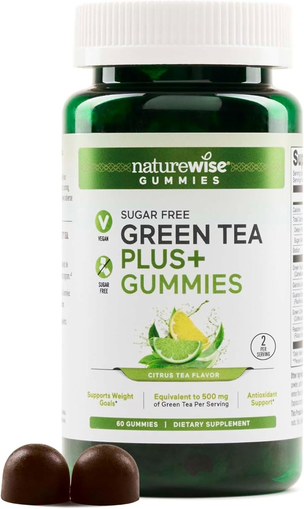 NatureWise Green Tea Gummies - Keto, Sugar Free - Podporuje Fitness cíle pro ženy a muže - 500mg Green Tea + Malina Ketony, Garcinia Cambogia - Vegan, No Gluten - 60 Počet [1-Month Supply]