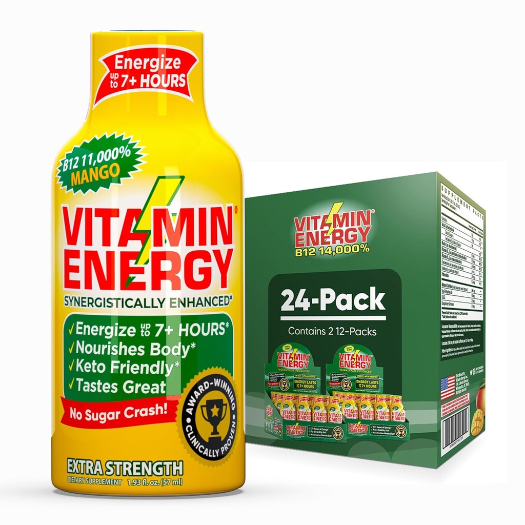 Vitamin Energy B12 11,000% Extra Energy Shot Mango 24 Pack, 260mg přírodní kofein, B12 & B6, nootropic Focus, Vitalita, Nulový cukr, gluten- Free, Vegan, Kosher, 1.93 fl oz