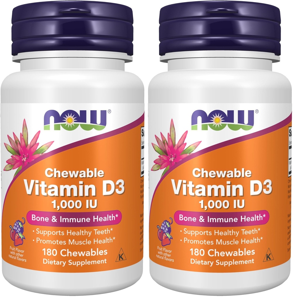 Nyní doplňky, Vitamin D-3 1000 IU, přírodní ovocná příchuť, strukturální podpora *, 180 Žvýkačky (balení po 2)