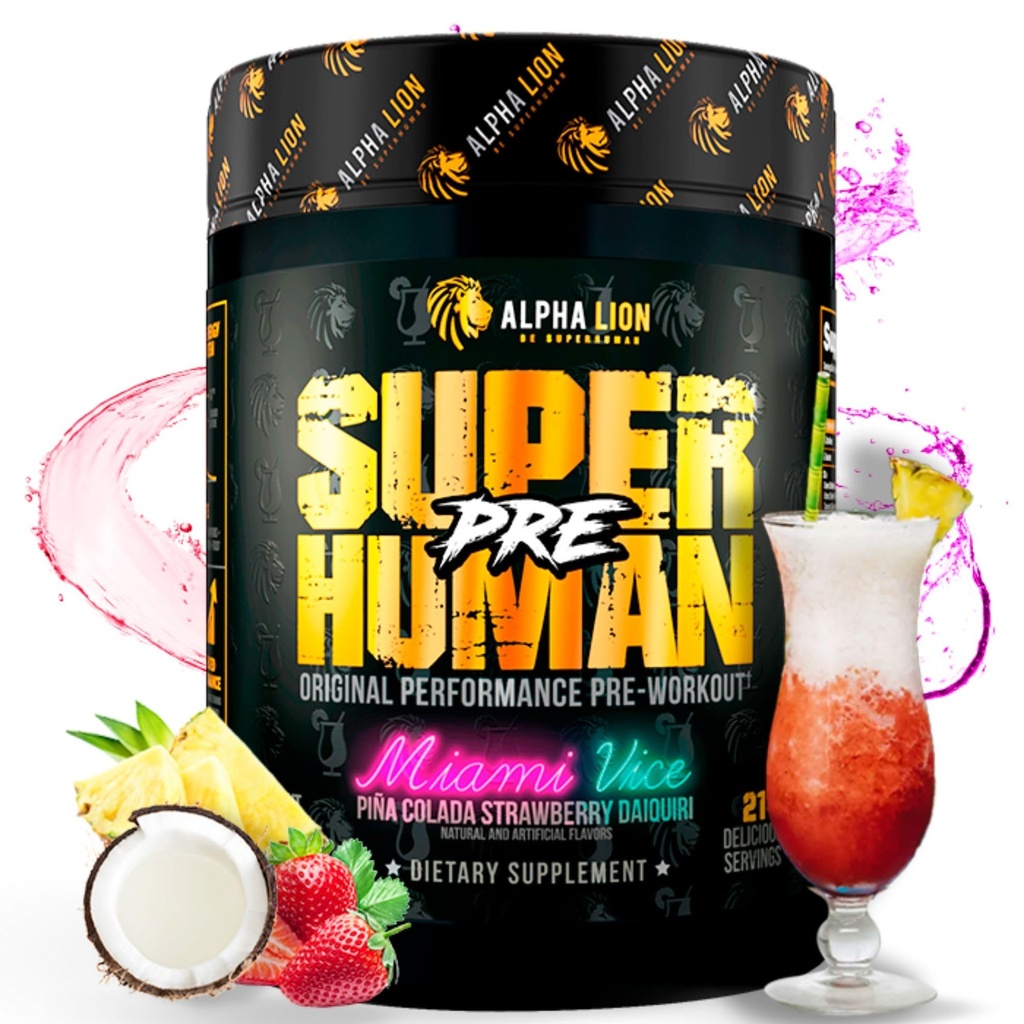 ALPHA LION Superhuman Pre Workout Powder, Beta Alanine, L- Taurin & Tri-Source Caffeine for Setrvalá energie & Focus, Oxid dusičný & Citrulline for Pump (21 Servings, Miami Vice)