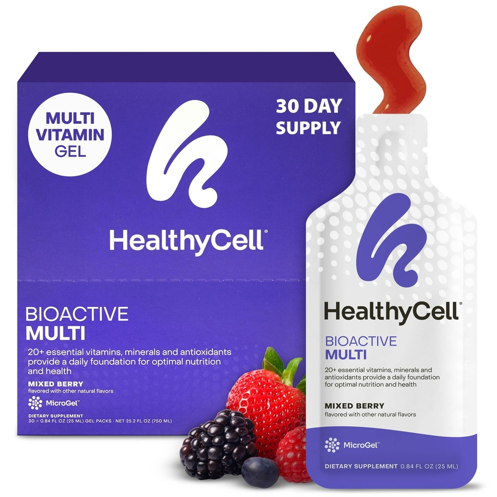 Healthycell Bioactive Daily Liquid Multivitamin pro muže a ženy - 20 + esenciální vitaminy, minerály a antioxidanty pro mozek, srdce, imunitu, energii, kůži a vlasy - 30 gelové balíčky