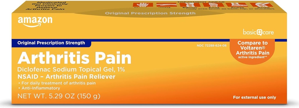 Basic Care Artritis Pain Relieving Gel, Diklofenac Topical Gel, 1% (NSAID), 5.29 Oz (150 gramů) (Balení se může lišit)