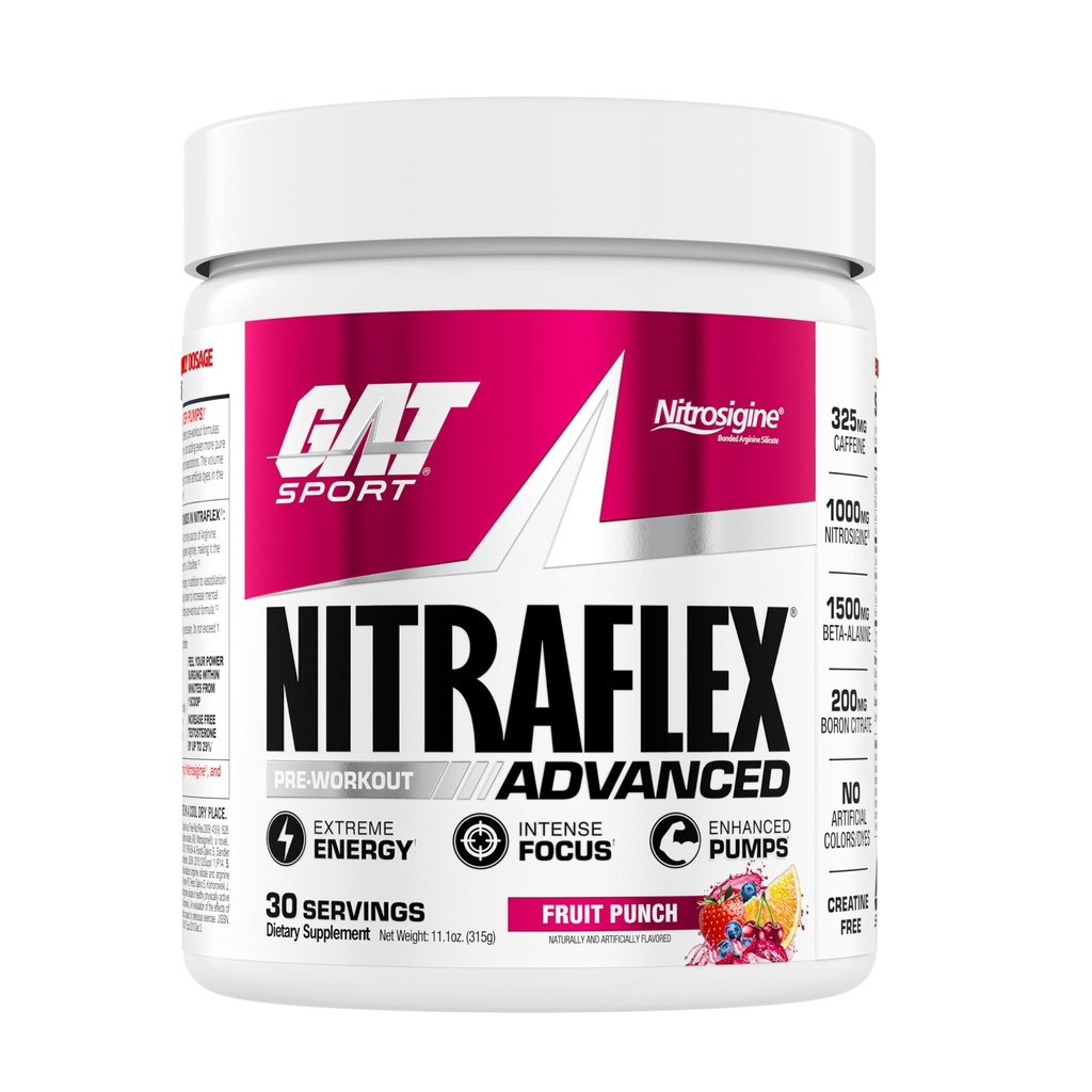 GAT SPORT Nitraflex Advanced Pre- Workout Powder, Zvyšuje krevní tok, zvyšuje sílu a energii, zlepšuje výkon cvičení, muži a ženy (Ovocný punč, 30 Služeb)