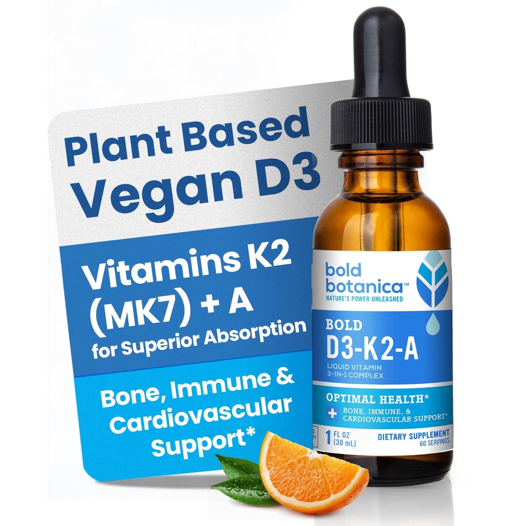 Bold Botanica D3-K2A, Tekutý vitaminový komplex, Vegan D3 z organických řas s vitamínem K2 (MK7) a A pro imunitní podporu, přírodní pomerančová příchuť, chutě Delicious, 1 FL OZ. (30ml)