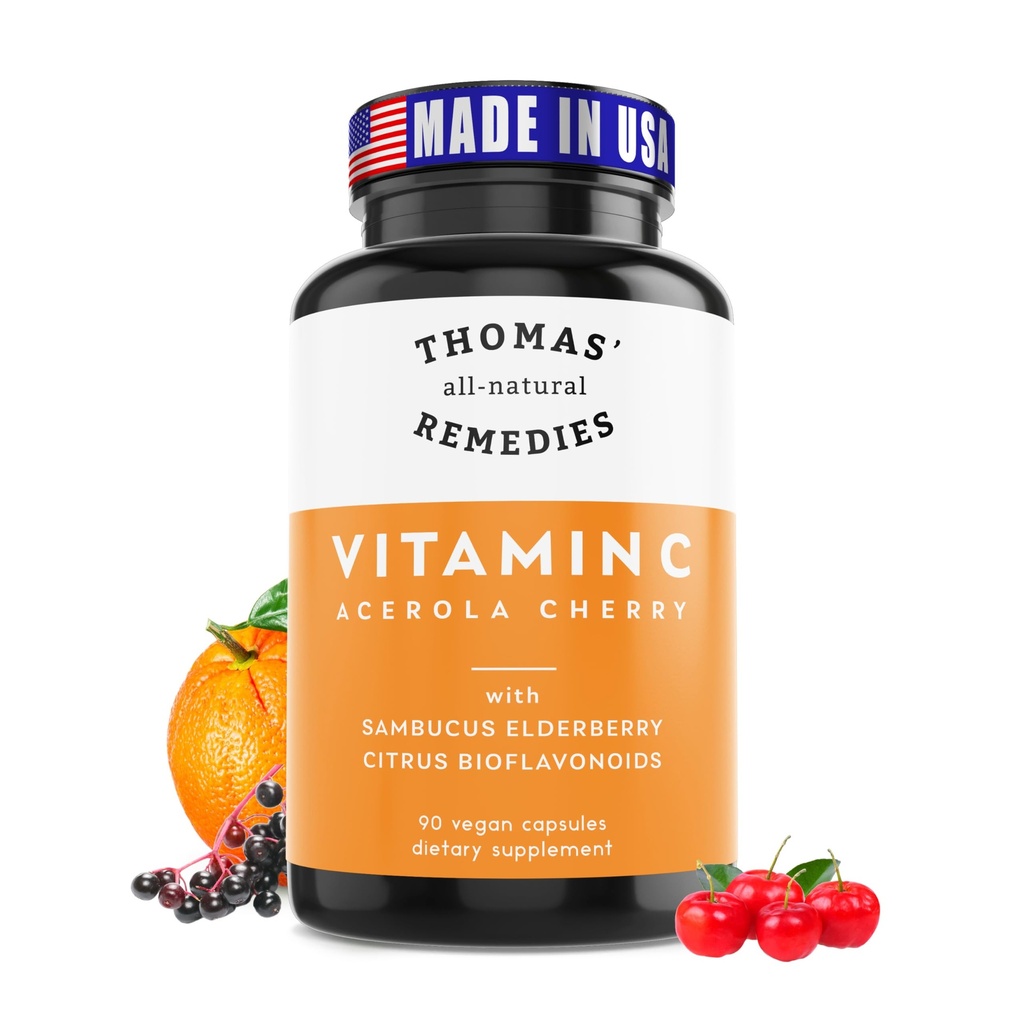 Thomas 'all- natural Remedies Vitamin C s organickým Elderberry, Organic Citrus Bioflavonids - Celý doplněk stravy - Non- GMO - Syrové Vegan - 90 Kapsle
