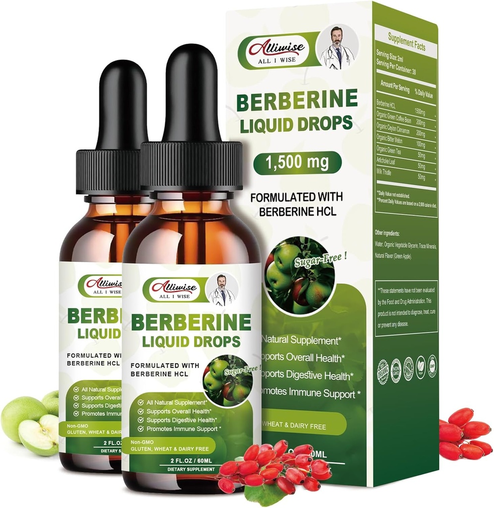 2 Pack Berberine dodatek kapalné kapky pro imunitní systém a trávicí systém podporuje -Premium Berberine HCL 1500mg s čistou Ceylon Skořice -4 Fl Oz