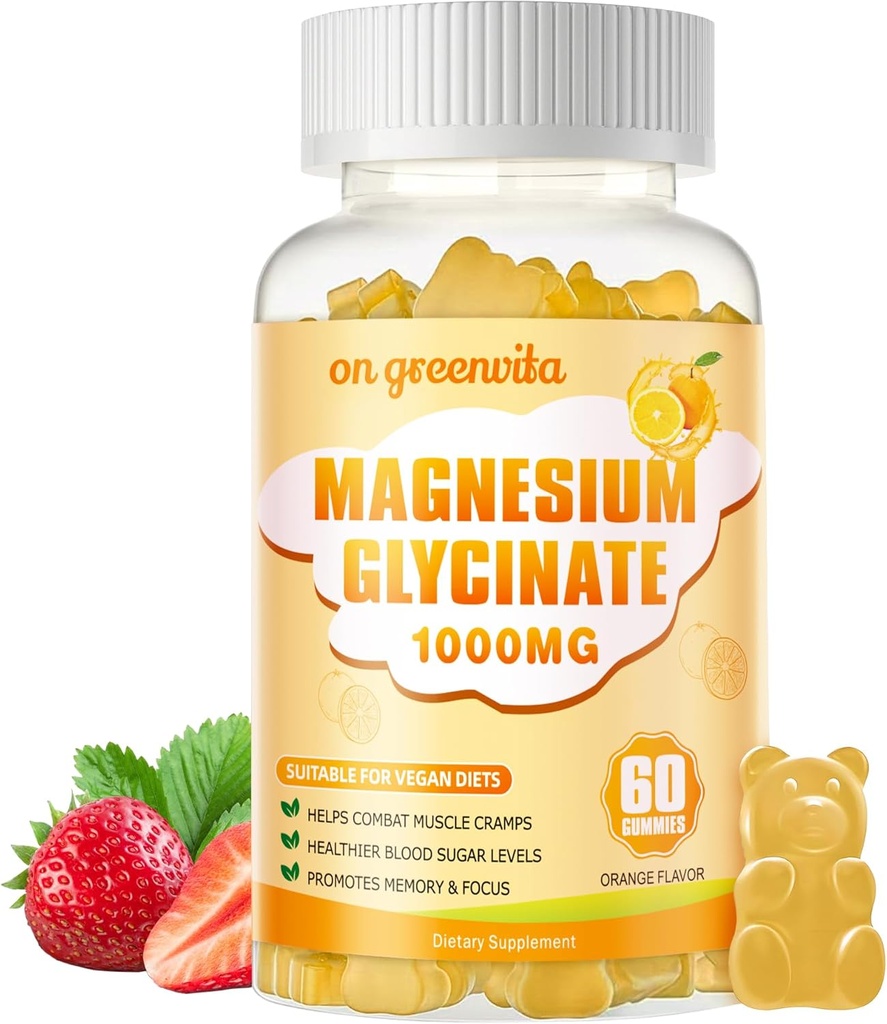 Glycinát hořečnatý Gummies 1000mg - Doplněk hořčíku bez cukru s vitaminem D, B6, CoQ10 pro klidnou náladu a spánkovou podporu - 60 Orange Gummies