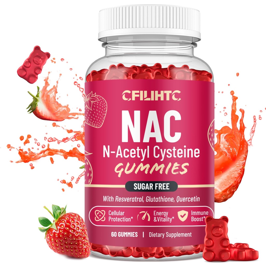 CFILIHTC NAC Gummies 600mg, N Acetyl Cysteine Supplement with Glutathione, Resveratrol, Magnesium, CoQ10, NAC Chewable for Antioxidants & Imunitation Supplement, Jahodový flavor 60 Gumy