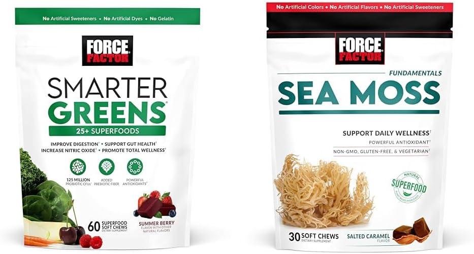 FORCE FACTOR Zelené Žvýkačky s 25 + Superfoods & Moss Chews, 60 & 30 Počet