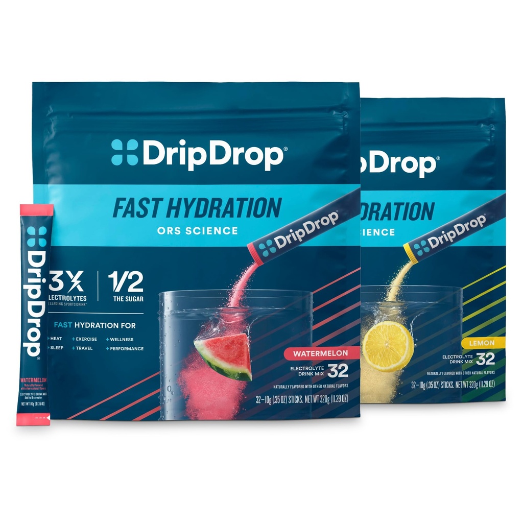 Hydratace DripDrop - Electrolyte Powder Packets - Meloun & Lemon Bundle - 64 Počet