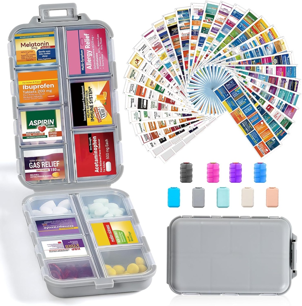 14 Grids Travel Pill Organizer Box s 415- Pcs Medicine Název etikety - Pocket Daily Pharmacy Case Container - Travel Medication Holder Disperser Kit for Fish Oil Vitamin Supplement Storage - Grey