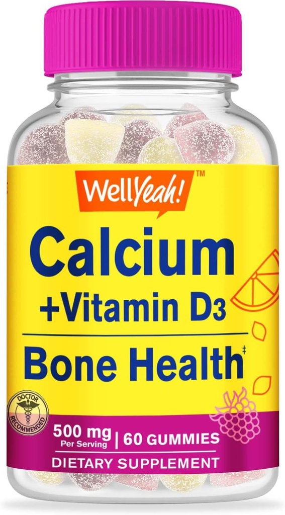 WellYeah vápník 500mg + vitamin D3 1000 IU (25 mcg) Žíly - zdraví kostí a svalové support, imunitní podpora Gummy, Non GMO, Gluten zdarma, Mix ovocných příchutí - 60 Žvýkačky
