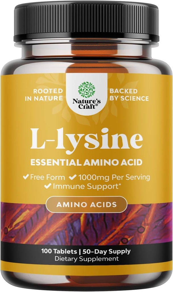 Natures Craft L-Lysine zdarma Formuláře Kapsle - Vysoká síla L-Lysine dodatek pro oční zdraví Lip Care Kolagen Syntéza a imunitní podpora - Essential Amino Acid - 1000mg na Serving - 100 Počet
