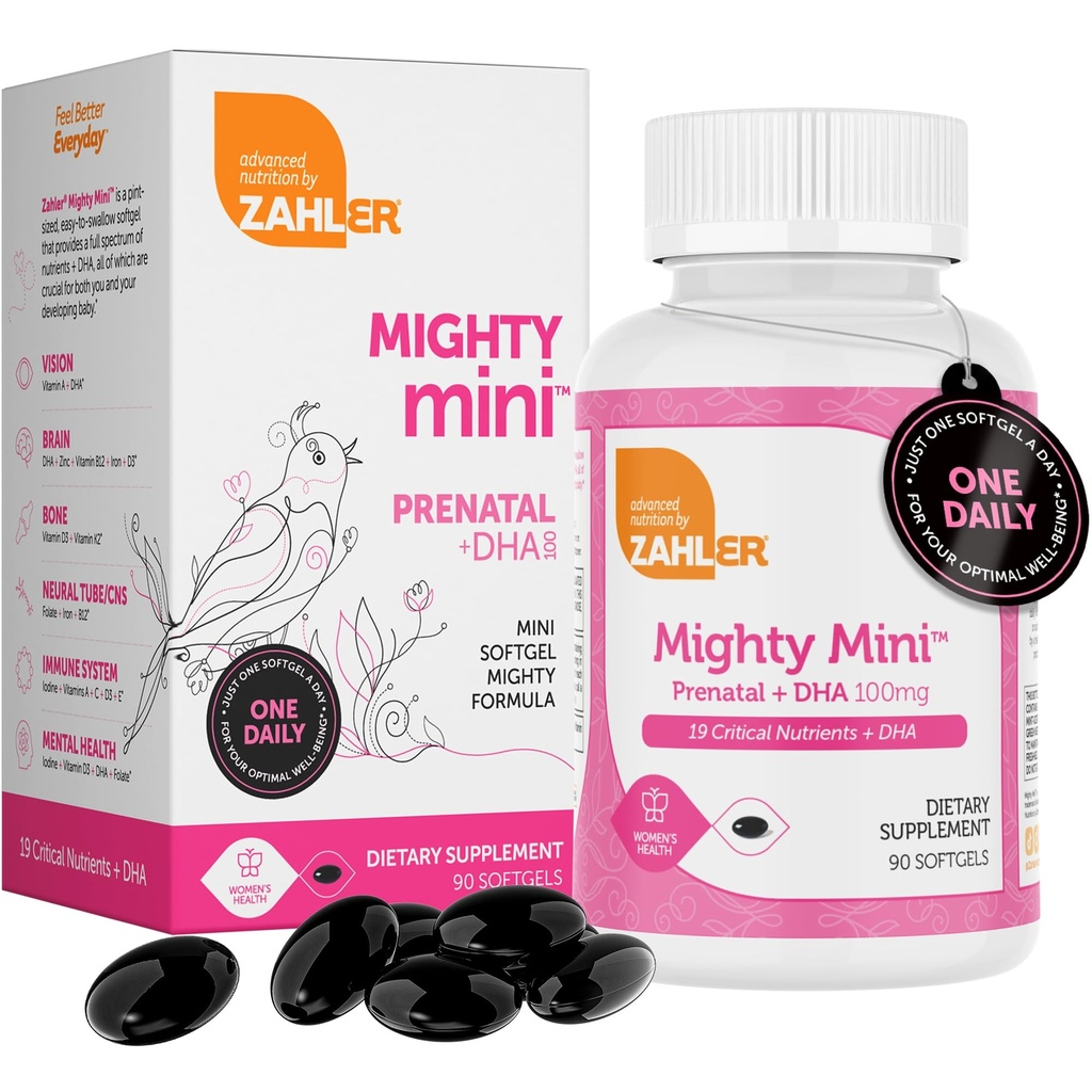 Zahler Mighty Mini Prenatal Vitamin s DHA & Folát - Certified Kosher - Všechny přírodní Prenatální Vitaminy - Multivitamin pro těhotné ženy - 19 Prenatální Vitaminy včetně kyseliny listové (90 Softgels)