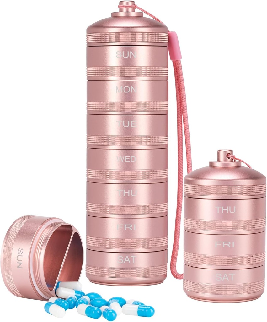 XHT Pink Týdenní Metal Pill Organizer 7 Day 2 krát denně - Estetický vodotěsný AM PM Travel Pill Box, Heavy Duty Pill Holder a Medicine Pill Organizátor pro vitaminy, Rybí olej a doplňky