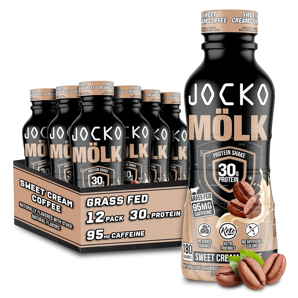 Jocko Fuel Mölk 30g Grass Fed protein shakes - No Add Sugar Protein Drinks KETO Friendly - Připravený pít 12 FL Oz (balení po 12) Sweet Cream Coffee