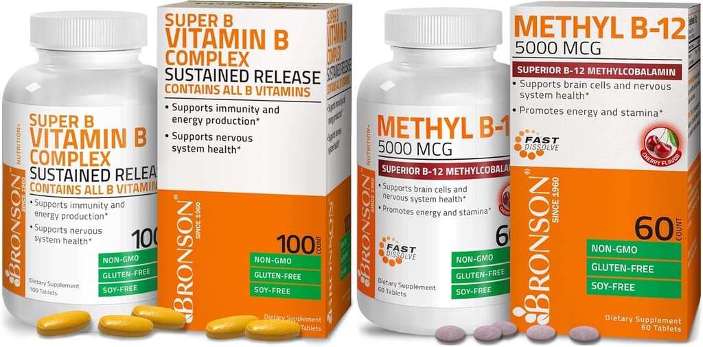 Bronson Methyl B12 5000 mcg Vitamin B12 Methylkobalamin Lozenges + Super B vitamin B komplex setrvalé pomalé uvolňování