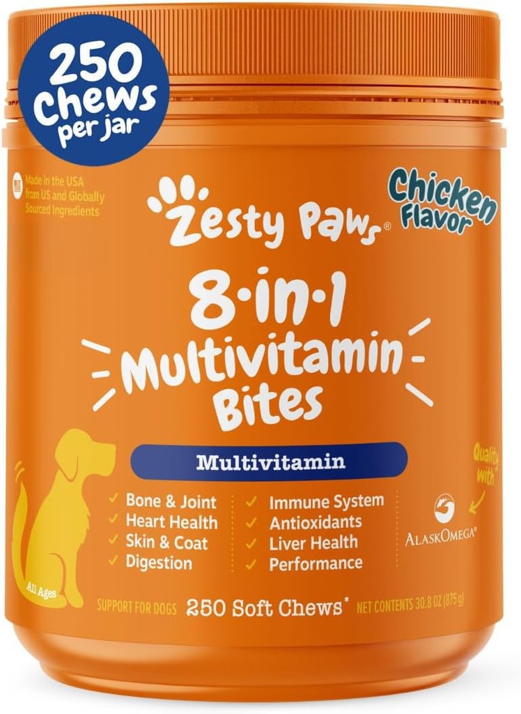 Zesty Paws Dog Multivitamin, Žvýkací pes Vitamíny a doplňky pro Hip & Joints, kůže & Coat, Omega 3 Rybí olej pro Dogs- Senior & Puppy Multivitamin - Chicken- 250ct