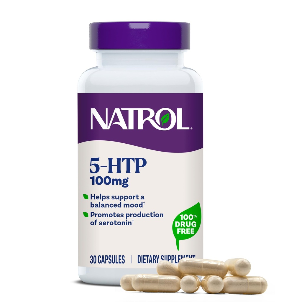 Natrol Mood + Stress 5-HTP 100 mg, Dietní dodatek pro vyvážený nádech, Kapsle pro dospělé, 30 Kapsle, Až 30 denní dodávky