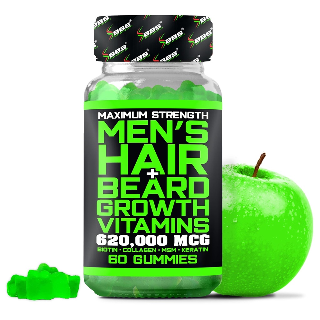 Nejlepší Beard Stuff Beard Růstové vitamíny - Biotin Gummies for Beard & Hair Growth - Maximální síla 620,000mcg Biotin s kolagen, MSM, Keratin & Bamboo Extract