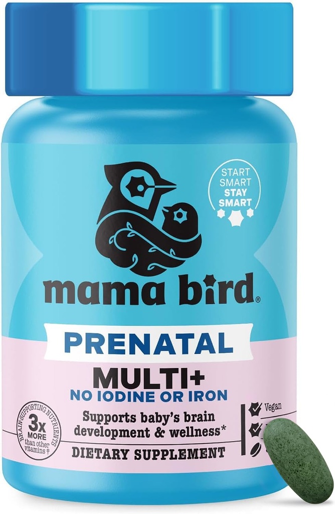 Nejlepší Nest Wellness Mam Bird Prenatal Multi Plus jód & Iron Free - Prenatální vitamín pro mozek a stravitelné zdraví - Vegan Multivitamin s methylfolátem, Probiotika & Více - 30 Kaplety