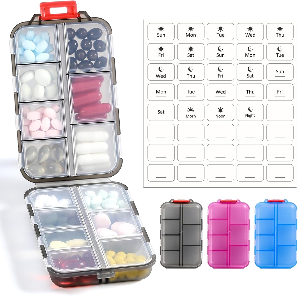 3 Pack 14 GRIDS Travel Pill Pořadatel Box s etiketami - Cestovní medicína Kit - Pocket Daily Pharmacy Container - Travel Medication Holder Disperser for Fish Oil vitamin Supplement Storage - Clear
