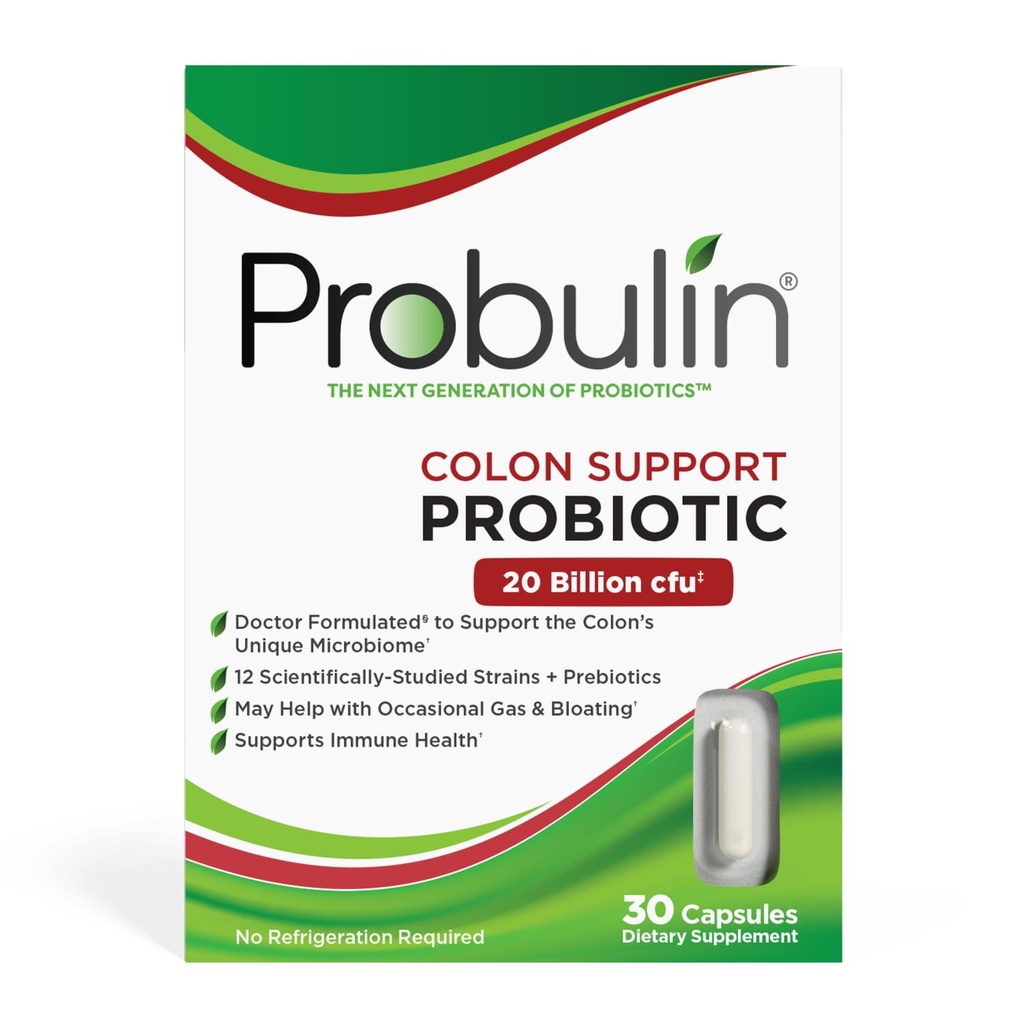 Probulin Colon Support Daily Probiotic + Prebiotic + Support Gut Health, Occasional Gas and Bloating - 20 Milionů CFU - 12 Strain, 30 Veganských kapslí