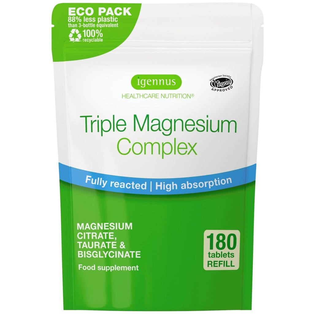 Igennus Superior Triple Magnesium Complex, Plně reated & Chelated Glycinate, Taurate & Citrát, Clean Label, High Biologická dostupnost & Absorpce, 180 Tablety, Vegan, Non- Buffered